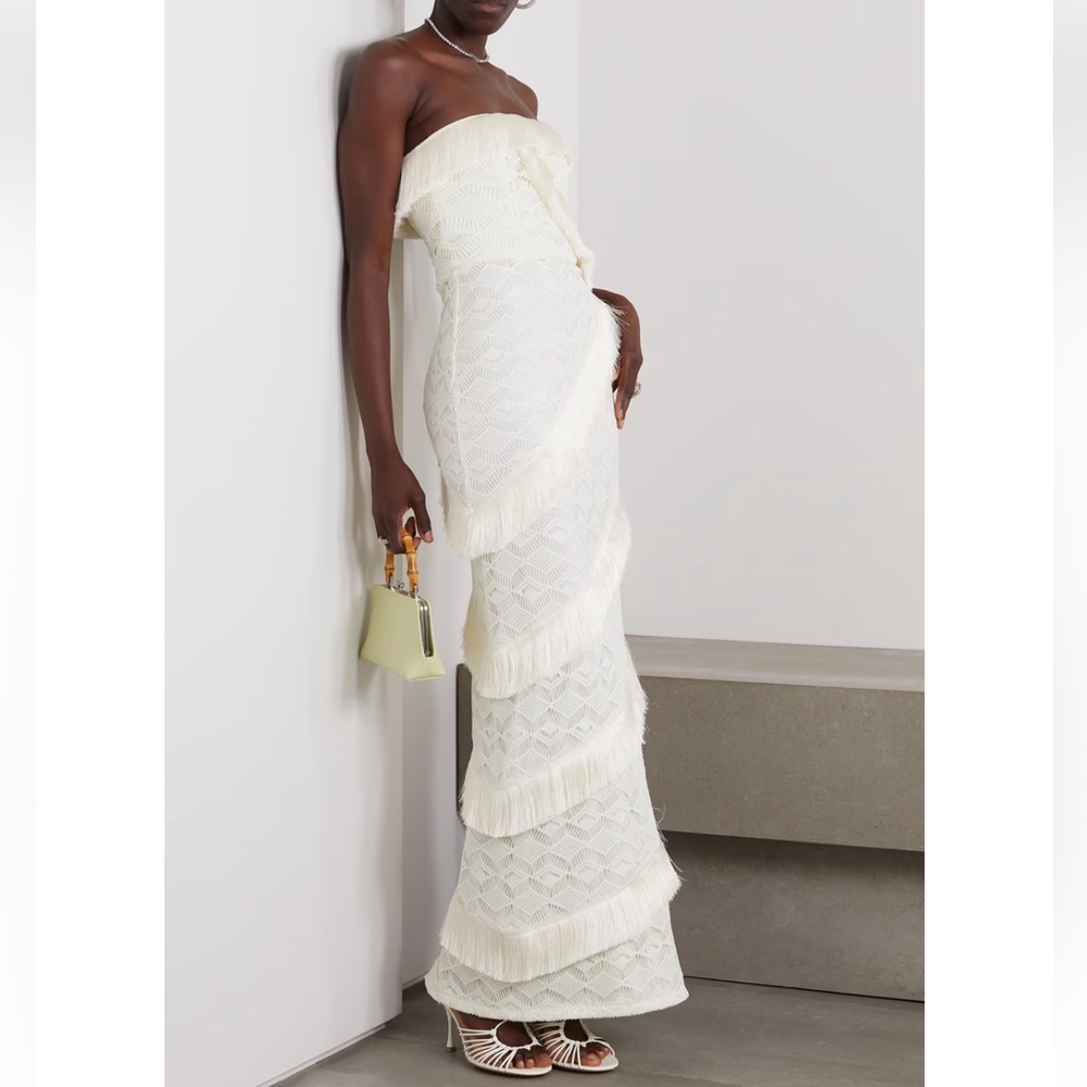 PatBO Strapless fringed crocheted maxi dress